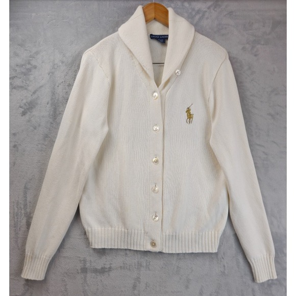 Ralph Lauren Sweaters - Ralph Lauren Sweater Womens M Cream Cardigan Shawl Collar Pony Long Sleeve Knit